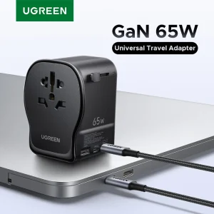 UGREEN 65W GaN Adattatore da Viaggio Universale 2 USB-C 1 USB-A Presa AC Caricatore Certificato CE FCC UKCA TÜV Per Spine Messa a Terra EU US UK