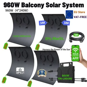 nuovo! Impianto elettrico per balcone da 960 W con pannelli solari flessibili da 4 x 240 W, efficienza di conversione solare al 18%.