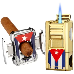 LUBINSKI Accendino per sigari Modello bandiera in metallo 1 Accendini a getto con tagliasigari V Punch Strumento per fumatori Tabacco Guillotine