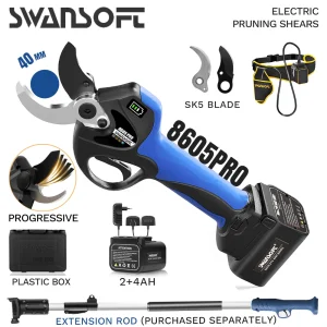 SWANSOFT 1050W 40mm SW-8605Pro Forbici Elettriche Senza Spazzole per Potatura, Tagliarami da Giardino, Cesoie per Potatura con Batteria 21V