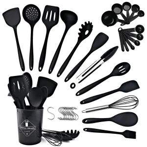 Set di utensili da cucina in Silicone nero spatola antiaderente pala zuppa cucchiaio Set di utensili da cucina accessori per utensili da cucina gratuiti BPA