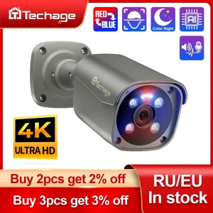 Techage 8MP Ultra HD 4K POE AI Telecamera esterna H.265 Telecamera IP Face Detect Audio bidirezionale notturno a colori per il sistema di sorveglianza