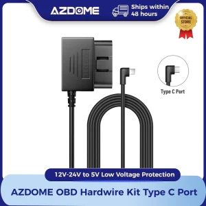AZDOME Kit Hardwire OBD per Dash Cam con porta di tipo C Supporto modalità parcheggio Cavo di alimentazione da 12 V-24 V a 5 V Protezione da bassa tensione