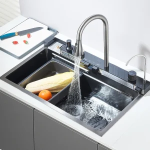 Lavelli da cucina grandi 304 75×45 cm Lavello da cucina a cascata in acciaio inossidabile Display digitale Rubinetto per lavastoviglie singolo grande