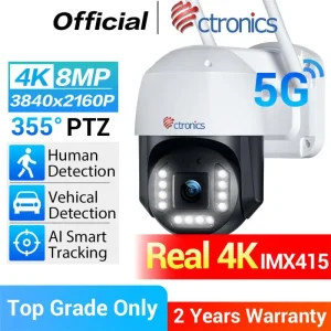 Ctronics Real 4K Telecamera di sorveglianza esterna 5Ghz Wifi 8MP 3840x2160P Telecamera IP di sicurezza per visione notturna a colori 360 Monitoraggio automatico