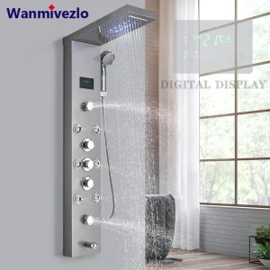 Set di rubinetti per doccia da bagno con luce a LED Sistema di pannelli per doccia a pioggia a LED Miscelatore per acqua per vasca da bagno Massaggio SPA Schermo di temperatura