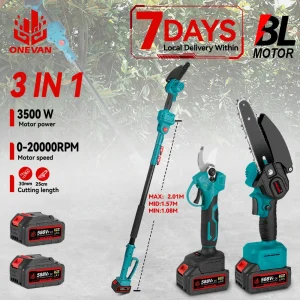 ONEVAN 3500W 3-in-1 Motosega e Forbici da Potatura Senza Spazzole con Asta Telescopica per Batteria Makita