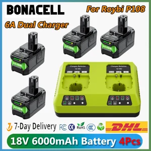 Per Roybi P108 Batteria 6000mAh Con 6A Doppio Caricatore Batteria di Ricambio Per Roybi 18V ONE + Sistema P102 P103 P104 P105 P107 P109