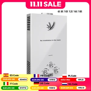 VEVOR Scaldabagno senza serbatoio a propano in acciaio inossidabile da 6-18 litri con display a LED, per campeggio, camper, docce all’aperto, bianco