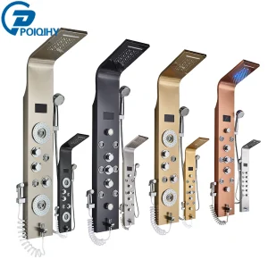 Colonna per pannello doccia da bagno dorato Colonna per doccia a cascata a pioggia a LED Display digitale della temperatura nero Pistola a spruzzo per bidet Getti spa