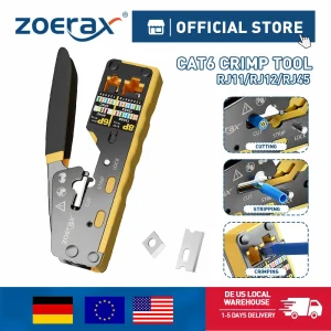 ZoeRax RJ45 Strumento di crimpatura Passare attraverso il crimpatore per connettore Ethernet Cat6/5e/5 Strumento per cavi all-in-one con lama di ricambio