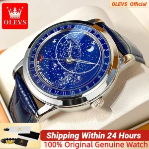 OLEVS orologi da uomo automatici quadrante rotante stellato orologio meccanico da uomo con cinturino in pelle impermeabile luminoso di lusso