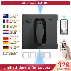 Robot Pulisci Vetri PuRuiKai, Doppio Spruzzo d’Acqua, Controllo tramite APP, Elevata Aspirazione, Sensore Laser, Robot per Pulizia Vetri e Pareti Domestiche