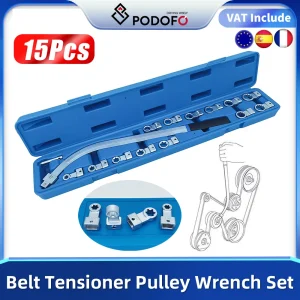 Kit di attrezzi per puleggia tenditrice e tenditore per cinghia da 15 pezzi Set di chiavi per autoveicoli con prese Cr-V per la sostituzione della cinghia serpentina