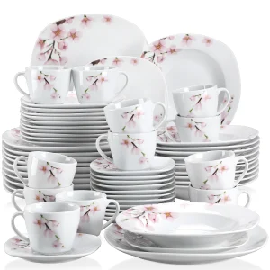 VEWEET ANNIE Set di piatti in porcellana floreale rosa da 60 pezzi in ceramica bianca con piatto da dessert per zuppa, tazze, piattini per 12 persone