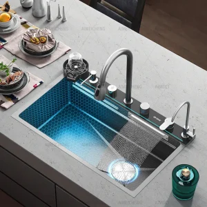 Lavello da cucina a cascata in acciaio inossidabile Display digitale ciotola singola Extra Large lavello multifunzionale per il lavaggio delle verdure per uso domestico