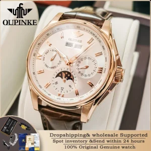 OUPINKE 3189 Orologio da uomo Top Luxury Brand Orologio meccanico automatico Orologio da uomo in pelle impermeabile con specchio in zaffiro lunare