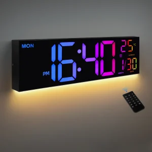 Orologio da parete digitale grande da 16″, grande display LED con telecomando, 8 colori RGB, allarme, DST, temperatura per soggiorno, cucina