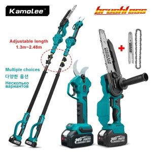 Forbici elettriche senza fili Kamolee Brushless da 50 mm, sega elettrica per rami alti da 6+8 pollici, con prolunga da 2,5 metri e asta telescopica