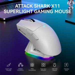 ATTACK SHARK X11 Mouse da gioco wireless leggero con ricarica retroilluminata RGB, fino a 22K DPI, sensore ottico PAW3311, HUYU Swit