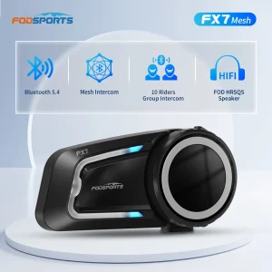 Fodsports FX7 Mesh Interfono per moto Auricolare Bluetooth per casco, interfono per casco, 10 motociclisti 2000M, FM, BT5.4.