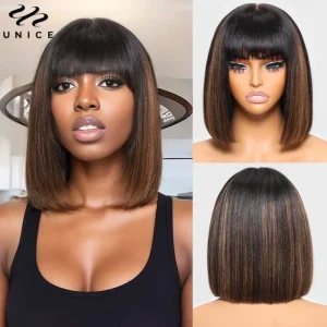 Unice Balayage Evidenzia Yaki Parrucca Bob diritta con frangia Vera parte centrale del cuoio capelluto 4×2 Parrucca in pizzo Parrucche corte per capelli umani al 100%