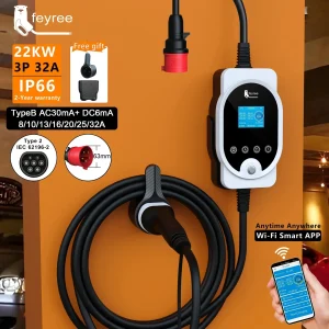 feyree 22KW Type2 Cavo EVSE Wallbox e caricatore EV portatile 32A 3 fasi Wi-Fi APP Stazione di ricarica rapida intelligente per veicoli elettrici
