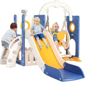 Set da gioco 3 in 1 per scalatore di diapositive per bambini, scivolo indipendente per bambini, giocattolo da interno ed esterno con telescopio, tunnel, canestro da basket, palla