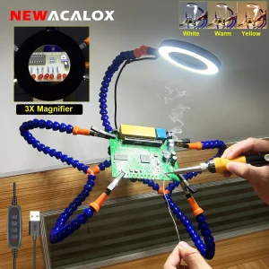 NEWACALOX Morsetto da tavolo Saldatura Mani ausiliarie Strumento di terza mano Stazione di saldatura USB 3X Lente d’ingrandimento illuminata Strumento di riparazione di saldatura
