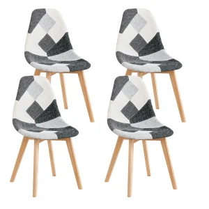 Un set di 4 sedie da pranzo in tessuto patchwork con gambe in legno Poltrona laterale stile retrò multicolore per sala da pranzo, cucina, casa