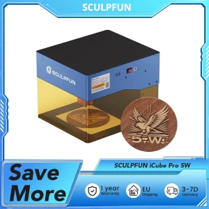 Incisore laser SCULPFUN iCube Pro 5W, punto laser 0,06 mm, velocità di incisione 10.000 mm/min, lente sostituibile, filtro antifumo, 130×130 mm