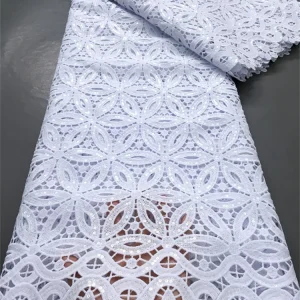 Tessuto in Pizzo Guipure Africano Bianco con Paillettes 2025, Pizzo Guipure Nigeriano di Alta Qualità per Abiti da Sposa F4025
