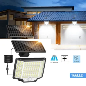 Luci solari da esterno per cortile giardino con sensore di movimento a 3 modalità IP65 Lampada da parete solare di sicurezza impermeabile 166LED