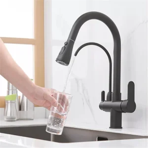 Rubinetto da cucina con filtro per acqua pura nero opaco Rubinetto da cucina estraibile con doppia maniglia per acqua potabile calda e fredda