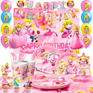 Forniture per feste di compleanno Princess Peach, 114 pezzi Decorazioni per feste Princess Peach-Piatti Princess Peach Tovaglioli Tazze Palloncini ecc.