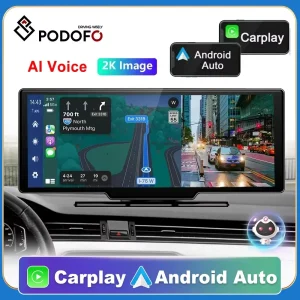 Podofo 10.26″ Dash Cam 4K Telecamera retrovisiva Wireless Carplay Android Auto GPS con controllo vocale Cruscotto DVR Monitor per auto