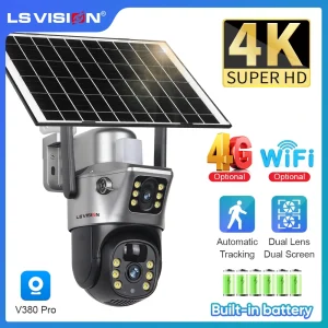 LS VISION 8MP 4G SIM Card telecamere solari a doppio schermo 4K WiFi PTZ doppia lente batteria integrata telecamera di sicurezza con tracciamento automatico umano