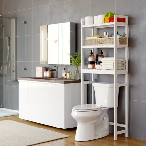 Getone sopra il WC, scaffale in bambù, ripiani per il bagno, salvaspazio per WC indipendente con 6 ganci, bianco 63x26x163 cm