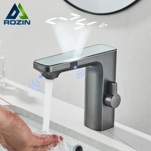 rozin Sensore Touchless Rubinetto per lavabo Display digitale intelligente Rubinetti per lavandino del bagno Ottone grigio Senso Miscelatore acqua calda fredda Gru