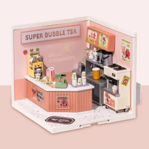 Robotime Rolife Double Joy Bubble Tea 1:24 Kit Casa in Miniatura 3D in Plastica con LED, Puzzle Fai-da-Te per Adulti, Hobby per Donne e Uomini