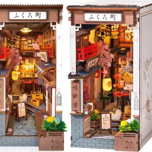 Robotime Sakura Wine Alley Libro fai-da-te con luci Kit casa delle bambole in miniatura fai-da-te Puzzle in legno 3D Fermalibri Scaffale Decor Regalo