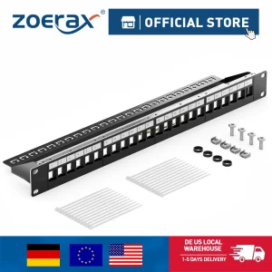 ZoeRax Patch Panel di Rete Schermato a 24 Porte RJ45 da 19 Pollici, Patch Panel Ethernet con Gestione Cavi e Barra di Supporto