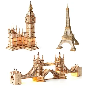 Kit Puzzle 3D in Legno Robotime, Set Fai-da-Te Tower Bridge e Big Ben, Modello della Torre Eiffel, Decorazione per Casa, Regalo di Compleanno