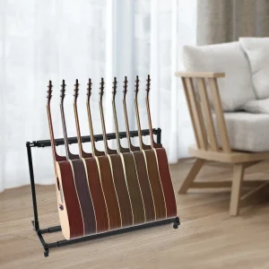 Portaguitarie indipendente per 9 chitarre, struttura in ferro con poggiapiedi regolabili e manicotti protettivi in spugna per una sicurezza
