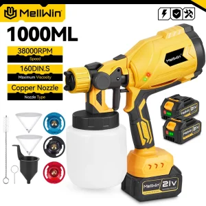 MELLWIN 1000ML Cordless Pistola a spruzzo elettrica Spruzzatore di vernice per uso domestico Mobili Rivestimento in acciaio Aerografo per Makita 18V Batteria Spille