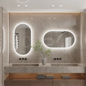 Specchio da bagno a LED per specchio cosmetico ovale illuminato a parete con luci retroilluminate, specchio da parete senza cornice con luci antiappannamento