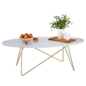Getone tavolino salotto Tavolino da salotto per soggiorno, tavolino ovale moderno, tavolino centrale effetto marmo, 120x60x41cm oro bianco