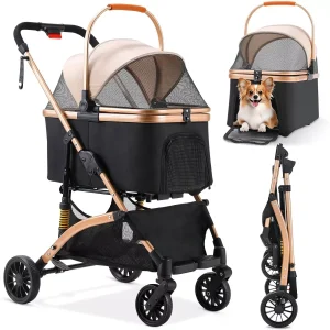 Passeggino per cani Passeggino 2 in 1 Passeggino per gatti pieghevole per trasporto di cani, 360 °   Ruote in gomma resistenti all’usura, con cestino portaoggetti