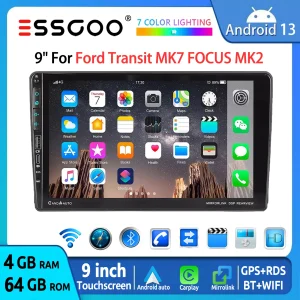 ESSGOO Autoradio Android 13 9″ Touchscreen per Ford Transit MK7 FOCUS MK2 CarPlay Wireless Android Auto 64GB USB Navigazione GPS WiFi Bluetooth FM RDS Mirror Link Lettore Multimediale