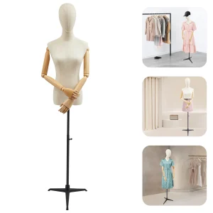 Supporto per treppiede per manichino femminile regolabile, testa in lino, mani in legno, base dorata/nera/bianca per esposizione del negozio di abbigliamento